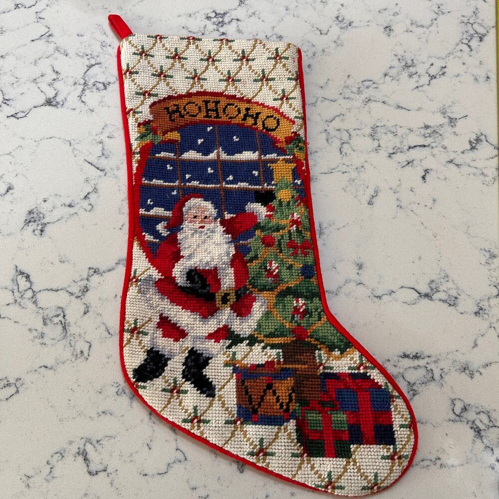 Vintage Wool Needlepoint Christmas Stocking Santa w Tree Window Gifts HoHoHo